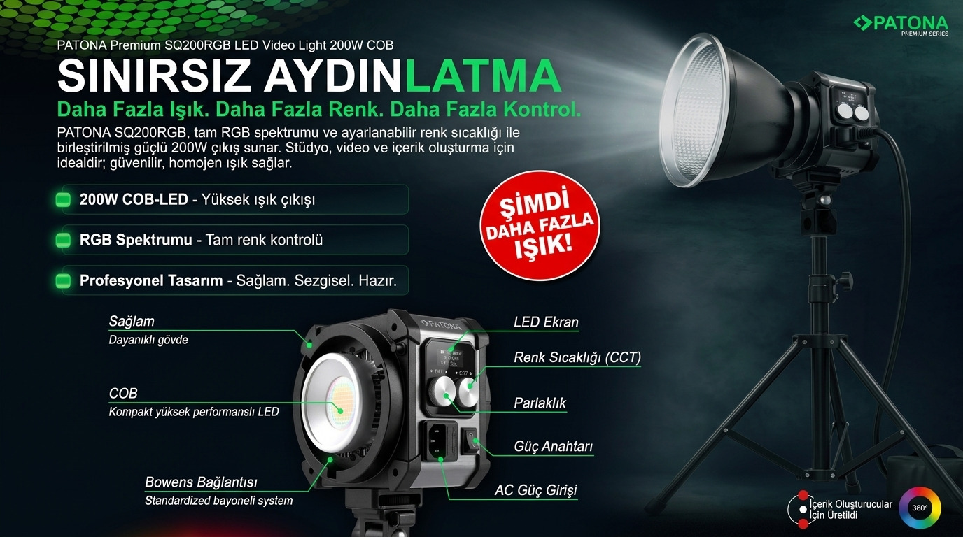 PATONA Premium SQ200RGB LED Video Light 200W COB
