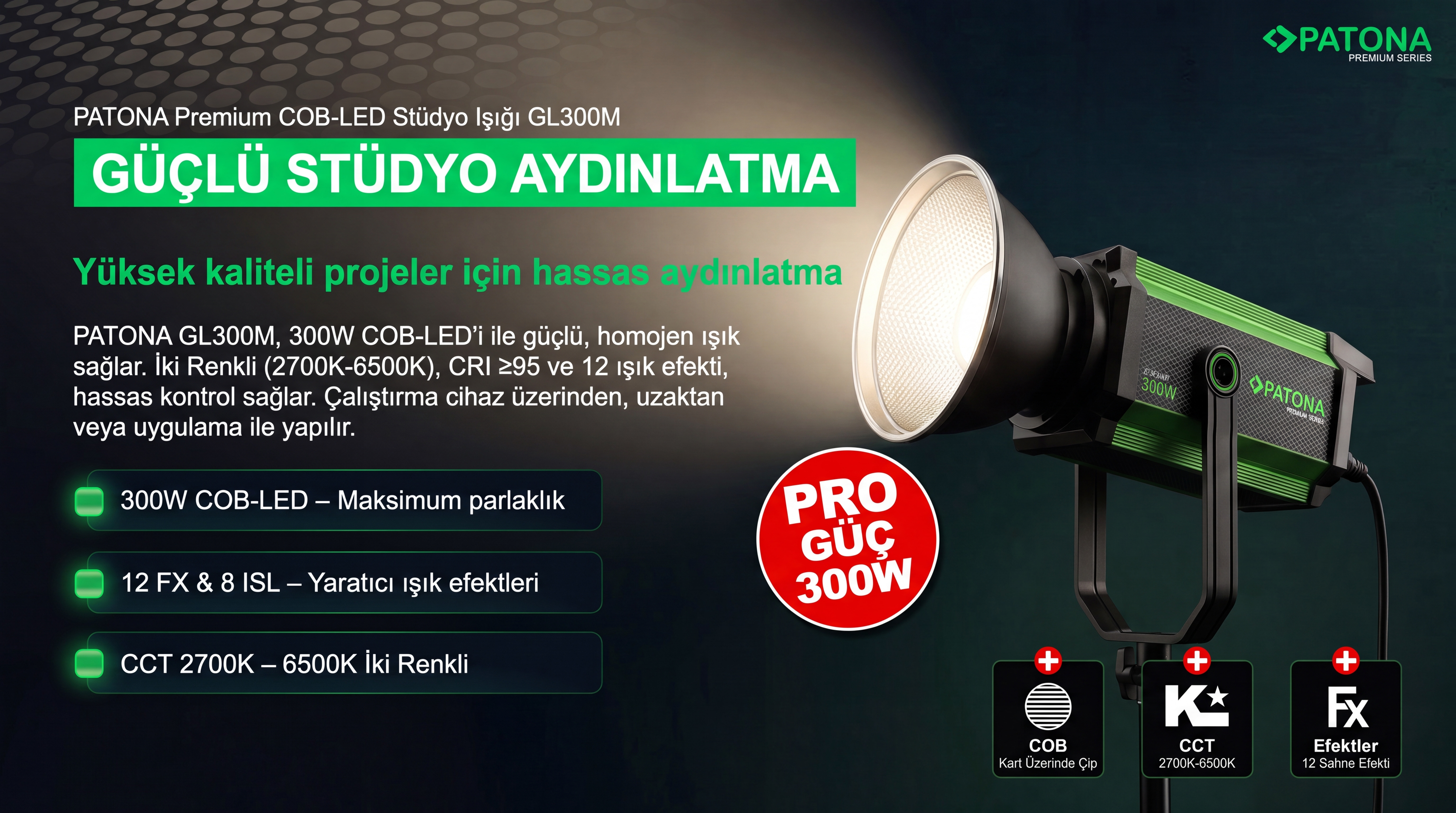 PATONA Premium COB-LED Stüdyo Işığı GL300M