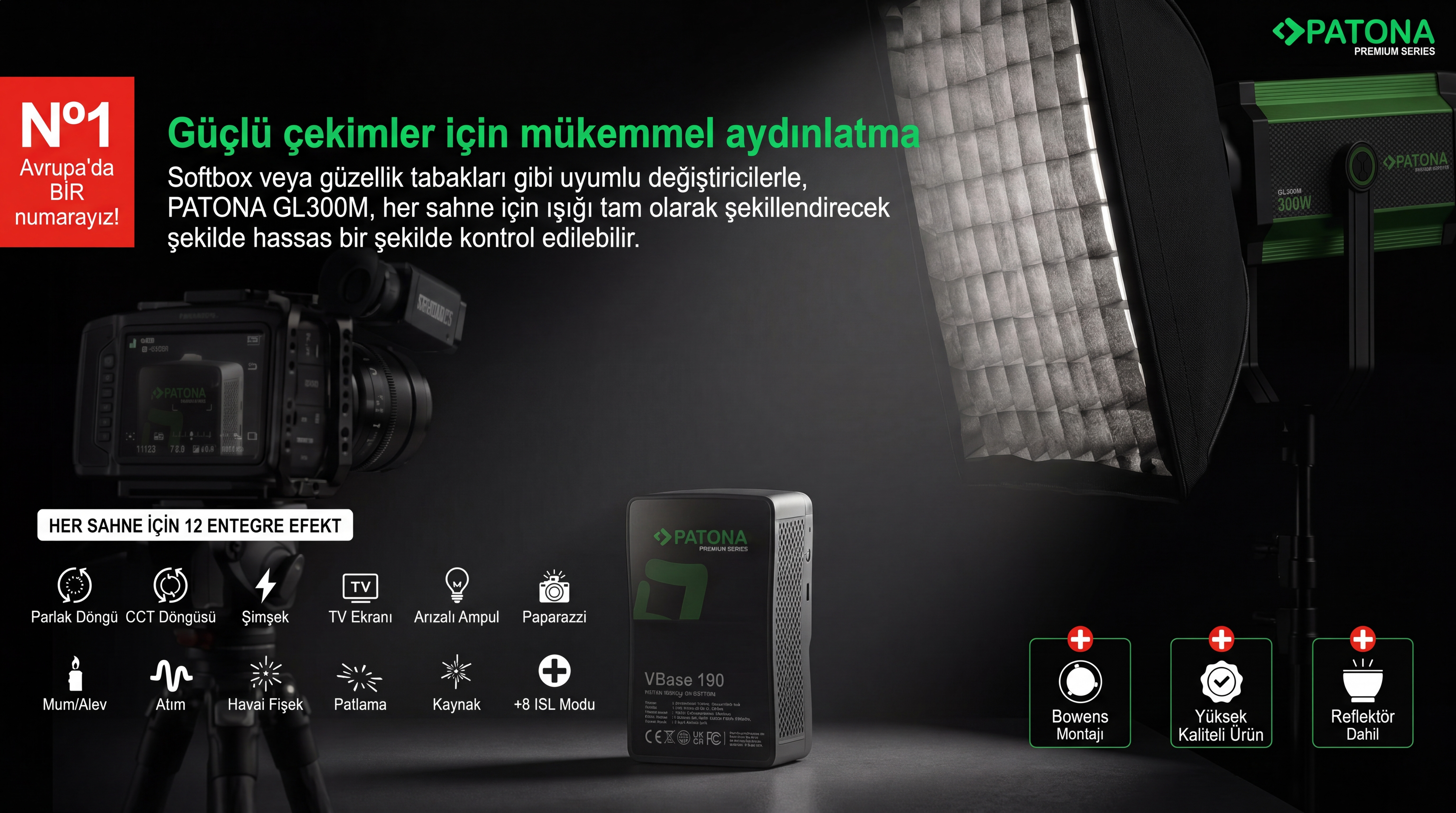 PATONA GL300M softbox Bowens montaj ve ışık efektleri